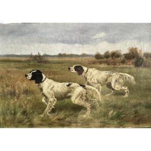 Otto Vollrath, 2 Hunting Dogs In The Plain, Oil On Canvas 1893.