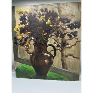 Bouquet Of Flowers , Oil On Board , Signed, XX Century  Floral Still Painting 
