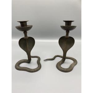 Pair Of Bronze Cobra-shaped Candlesticks Beginning 20 Th C .