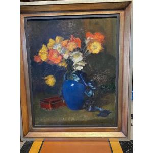 Still Life With Blue Vase , Oil Painting , Signed And Dated .