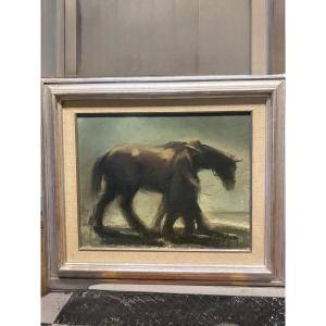 Oil Painting, Person Walking Beside His Horse Signedg.van Iseghem.