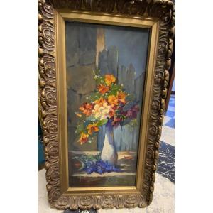 Oil Painting Depicting A Floral Bouquet By Alfred Brunel De Neuville.