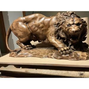 Lion, Wood Sculpture ,end Of The 19 Th C .