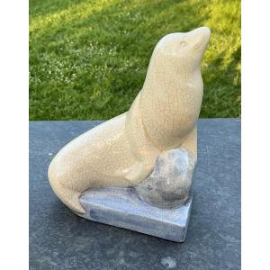Art Deco Cracked Earthenware Balloon Sea Lion, France, Circa 1930-1940