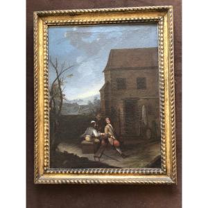 Oil On Canvas Tavern Scene 18th Century Gilt Wood Frame 
