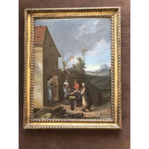 Oil On Canvas Tavern Scene 18th Century Gilt Wood Frame 