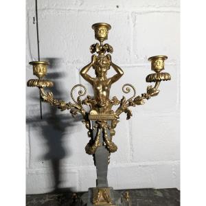 Large Torch Candelabra Marble And Gilt Bronze 19th Century 