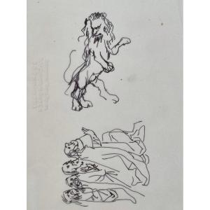 Foujita, Lion à tête humaine et étude d'apôtres. Dessin vers 1960.