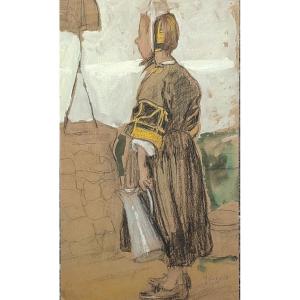 Young Breton Woman. Pastel And Gouache 