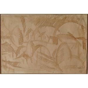 Abert Gleizes, Cubist Landscape, Sepia Ink Wash. 1914
