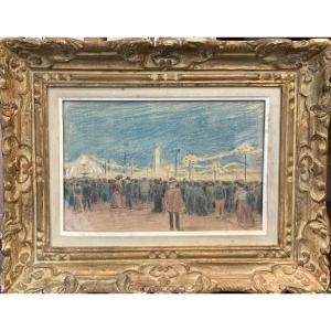 Gustave Cavallo Peduzzi “illuminated Place De La Concorde” Enhanced Drawing - Period 1900