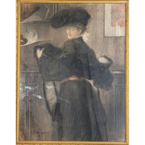 Charles Pezeu "elegant With Hat And Stole" Pastel