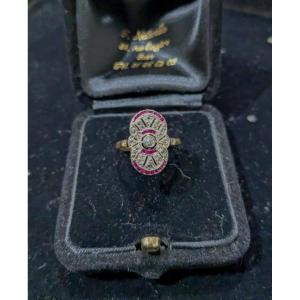 Ring In Yellow Gold, Platinum, Diamonds And Small Rubies