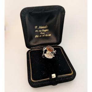 Art Nouveau Water Lily Ring In Silver And Amber