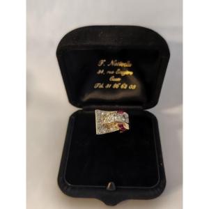 Yellow Gold, Platinum, Diamonds And Ruby Tank Ring