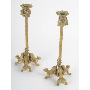 Pair Of Gilt Bronze Candlesticks From The Napoleon III Period, Attributed To Christophe Fratin