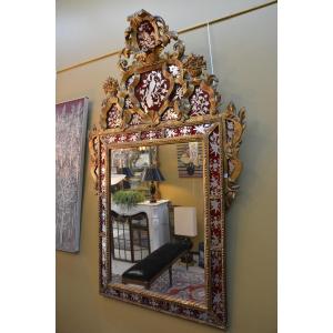 Mirror With Gilded Wood And Reverse Glass Panels, Baroque Style, Italy, 19th Century