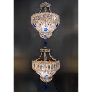 Pair Of Sconces In Cut Crystal And Cobalt Blue Glass, Empire Style - 20th Century