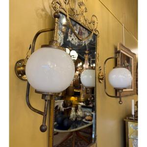 Pair Of Brass Sconces With White Opaline Glass Globe - Mid 20th Century