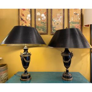 Pair Of Lamps In Black Marble And Gilt Bronze, Empire Style - 20th Century