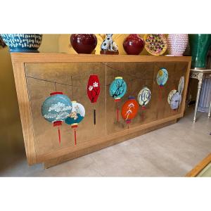 Sideboard Decorated With Chinese Lanterns, Wood And Gold Leaf — 20th Century