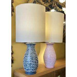 Pair Of Lamps In Painted Ceramics, Semis Pattern - 20th Century