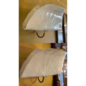 Pair Of Leaf-shaped Opalescent Blown Glass Sconces - Italy, 1960s-1970s