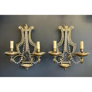 Pair Of Ormolu And Crystal Sconces, Lyre Shape - France, Circa 1900