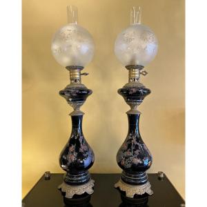 Pair Of Electrified Oil Lamps With Japanese Decor - 20th Century