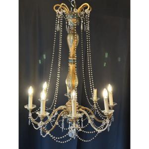 Genoese Chandelier, Italy, 19th Century, Painted And Gilded Wood, 8 Lights