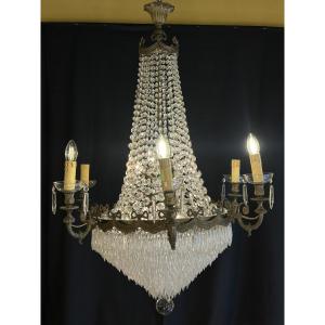 Bronze And Crystal Balloon Chandelier, Empire Style - 19th-20th Century