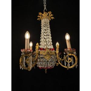 Gilt Bronze And Cut Crystal Four-arm Chandelier With Red Glass Decoration, Early 20th Century