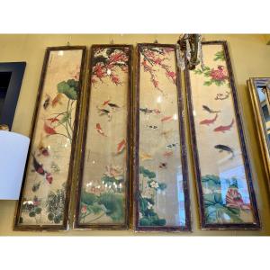 Suite Of Four Painted Panels, Ink And Pigments On Paper - China, 20th Century