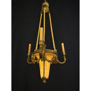 Gilt Bronze And Painted Glass Bowl Pendant, Louis XVI Style, Late 19th / Early 20th Century