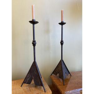 Pair Of Wrought Iron Candlesticks - 20th Century