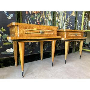 Pair Of Veneered Wood Bedside Tables In The Art Deco Style - 1970s
