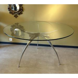 Table Ronde « Errance », Aluminium Poli Et Verre Biseauté, Bernard Dequet Pour Protis — 70s