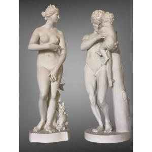 “venus And Silen Handling Child Bacchus”  A Pair Of Large Bisque Figures , Gustavsberg , Sweden, 19th Cent.