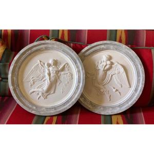 Bas-reliefs “ Day And Night” Large Medallions, After Thorvaldsen, Royal Copenh Biscuit