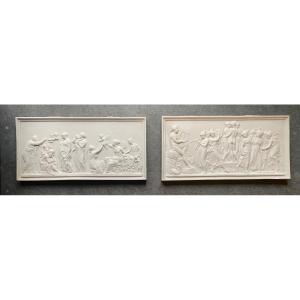 Pair Of Biscuit Bas-reliefs “the Concert Of Apollo” And “the Ages Of Love” After Thorvaldsen