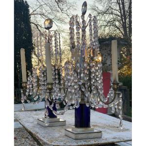 Pair Of Gustavian Girandoles With 3 Lights, Faceted Blue Crystal. , Sweden 19th Century
