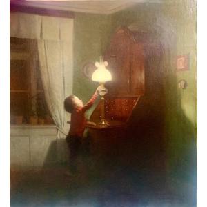 Little Boy  Adjusting The Lamp’ Signed Carl V. Meyer, 1904 ,danish School, Oil On Linen
