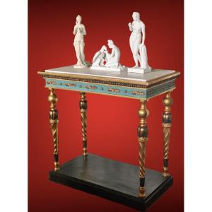 Gustavian Console Gilt And  Patinated  Wood, Belt  Blue Patina, White Marble Top,  Circa 1840 