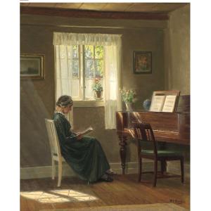 Peaceful Reading In An Interior In Front Of A Piano, O/ Linen, Signed Alf. Broge , Danish Sc.
