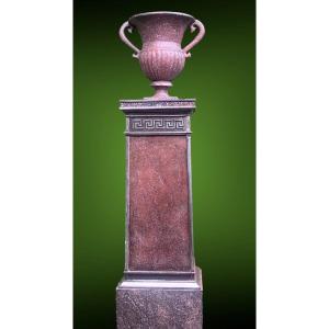 Archaic Vase On Greek Motif Pedestal Imitating Porphyre, Cast And Polished Steel, Circa 1860