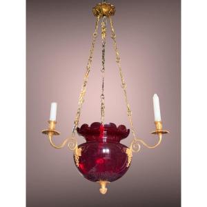 Ruby Crystal Lantern, 3 Gilded Bronze Lights, Bohemian 19th Century