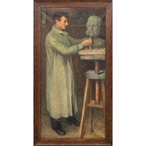 Sculptor At His Easel, Signed Si Grönberger, 192? Swedish Ec, Oil On Canvas 140x70cm