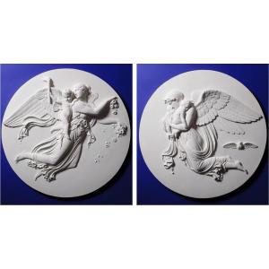 "day And Night" Pair Of Large Plaster Medallions, After The Thorvaldsen’ Marbles