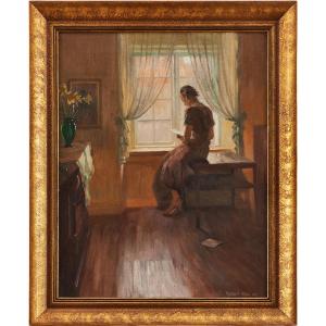 Lady Reading At The Window, Danish Interior, Hst Sign Robert Panitzsch, 35 