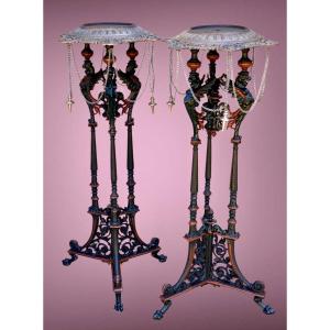 Pair Of Cast Iron Stands, Neo-pompeian Decor, Napoleon III Period